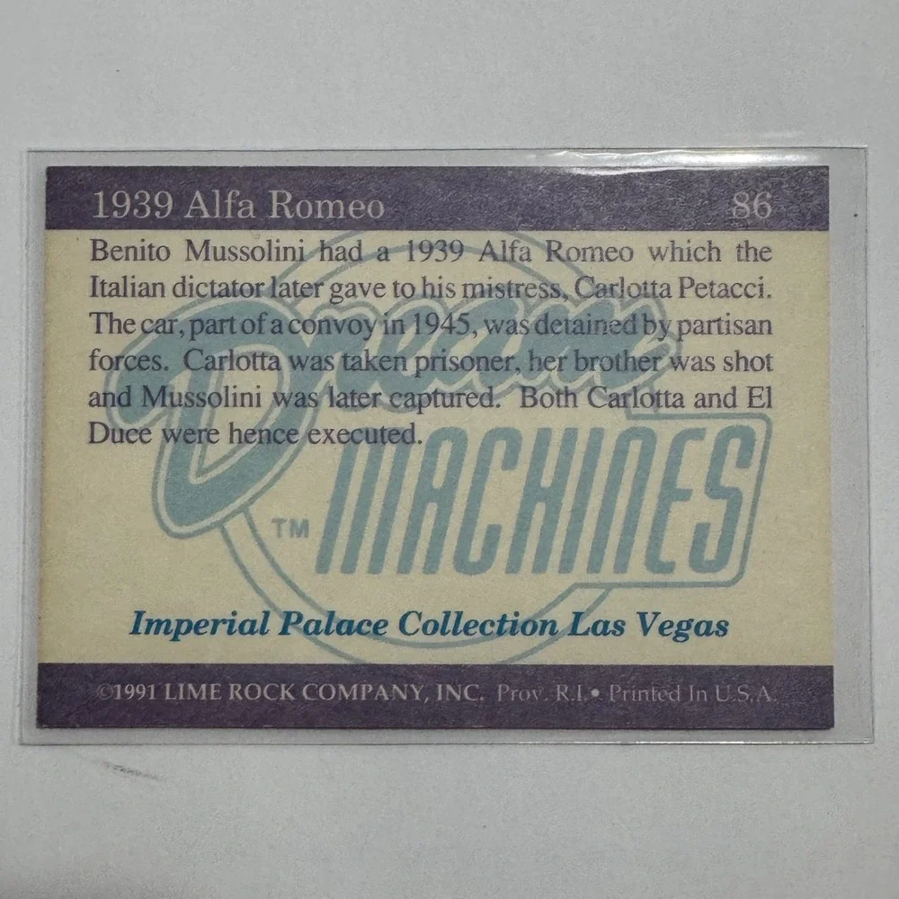 1939 Alfa Romeo Automobile‎ Dream Machines Trading Card Imperial Palace 1991